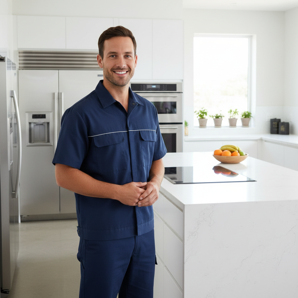 Smiling appliance repair technician standing in a modern kitchen