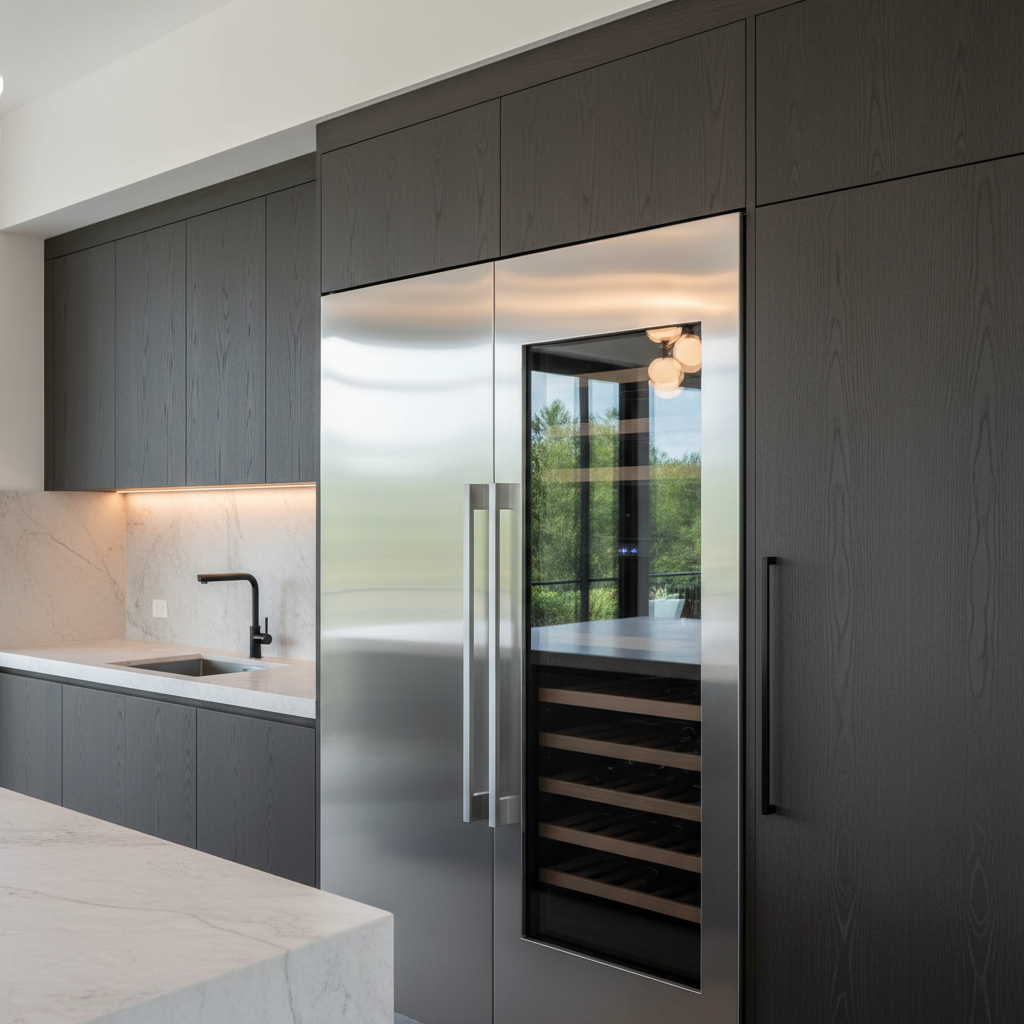 Modern kitchen appliances including refrigerator and wine cooler